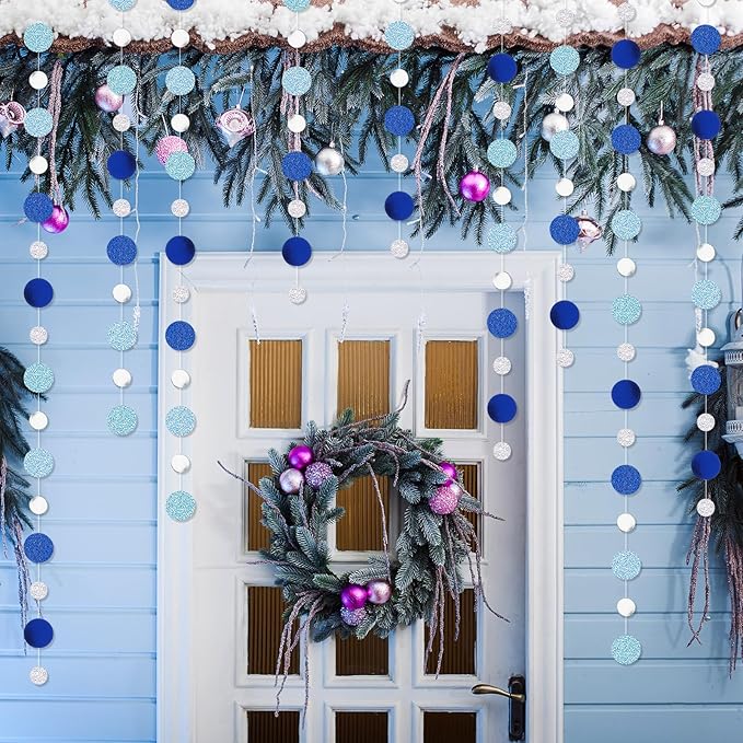 Outus 10 Pieces Silver Round Dots Garland Easter Graduation Party Hanging Decor Each Length 13.1ft Glitter Paper Dot Streamers for Birthday Wedding Classroom (Blue)