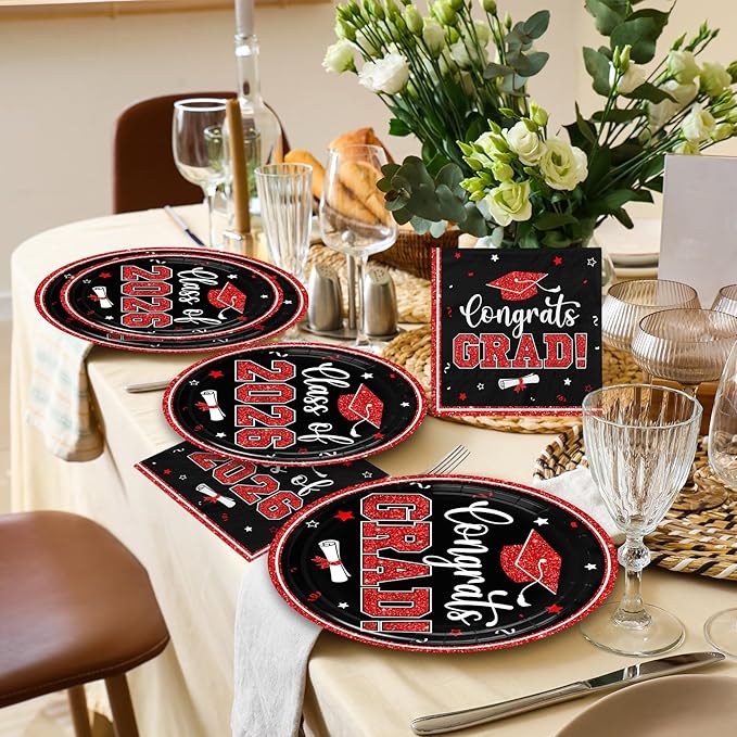 Graduation Plates and Napkins 2026,Red and Black Graduation Decorations 200pcs Graduation Paper Plates and Napkins Graduation Party Supplies for Graduation Party Decorations,Serve 50