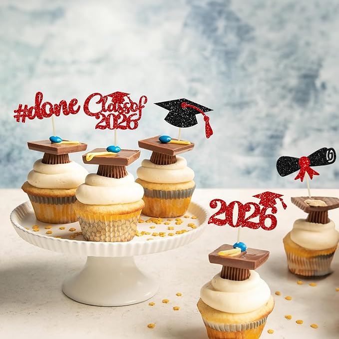 Gyufise 30Pcs 2026 Graduation Cupcake Toppers Red Glitter Class of 2026 Cake Toppers Graduation Done Cupcake Picks Grad Cap Diploma Cake Decorations for 2026 Theme Party Cake Decorations