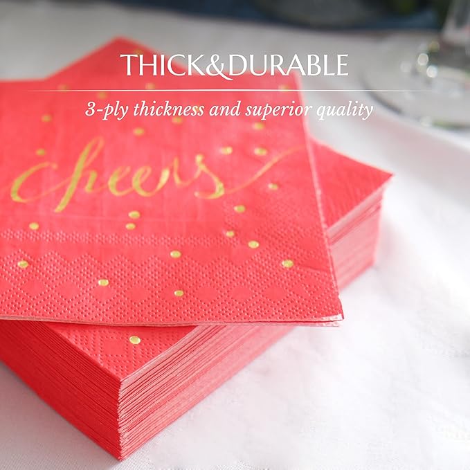 Red & Gold Cocktail Napkins - Disposable, 3 Ply, Paper, Decorative, Christmas, Love Napkins - Pack of 100