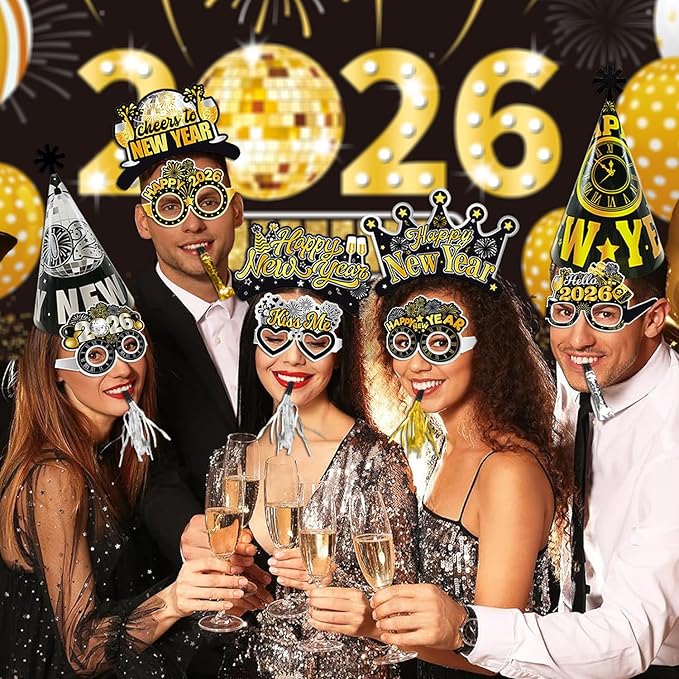 New Years Eve Party Supplies 2026, 42pcs Happy New Year Party Favors Set- New Years Paper Hats, 2026 New Year Headband, Eyeglasses, Blowouts for New Year's Eve Party