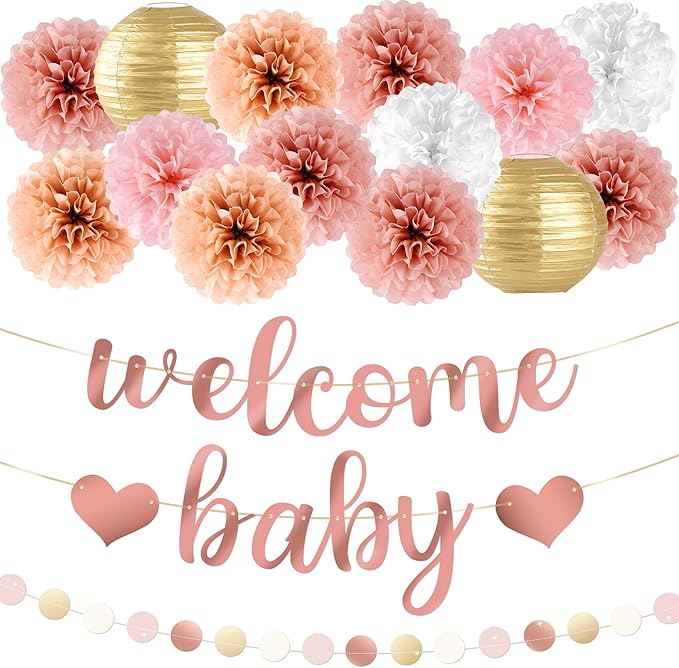 Kriyokiaa 16 Pcs Baby Shower Decorations for Girl Light Rosegold Baby Shower Decorations with Welcome Baby Banners Paper Flower Pom Poms Perfect for Indoor & Outdoor Celebrations