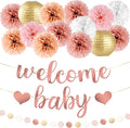 Kriyokiaa 16 Pcs Baby Shower Decorations for Girl Light Rosegold Baby Shower Decorations with Welcome Baby Banners Paper Flower Pom Poms Perfect for Indoor & Outdoor Celebrations