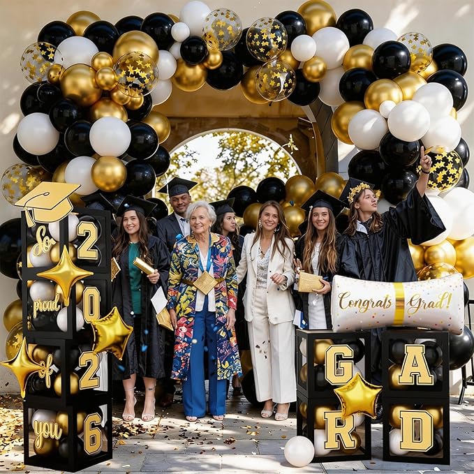 Black and Gold Graduation Decorations Balloons Boxes Arch with Letters 2026 GRAD So Proud of You Gold and Black Congratulations Grad Party Decoration 2026 Gold Confetti Balloon Star Foil Balloons