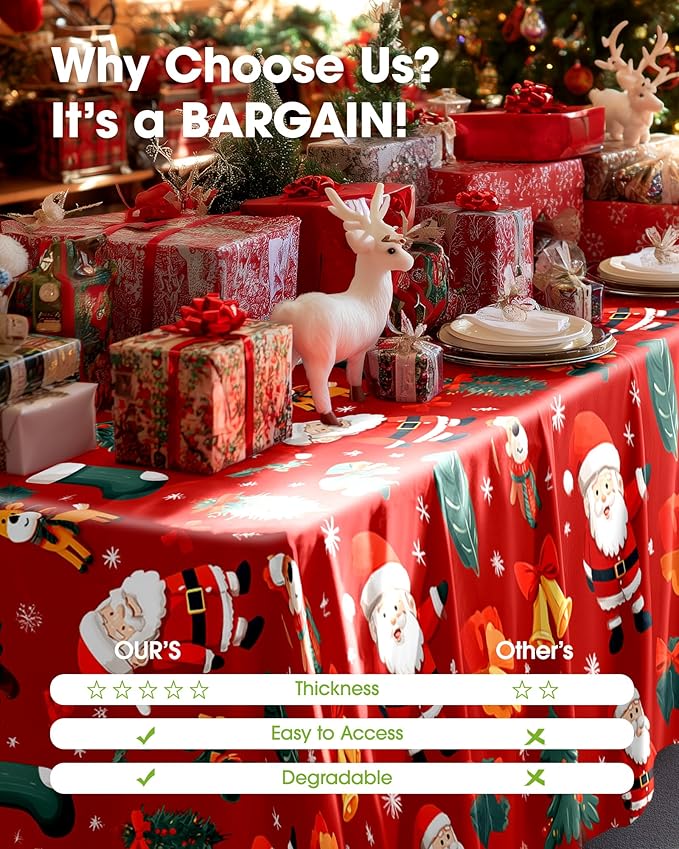 Pureegg Plastic Table Cloth Disposable 6 Pack, 54 x 108 Inch Table Cloths, Christmas Decorations, Xmas Decor, Party Tablecloths, Rectangle, Holiday Plastic Cover, Waterproof, Christmas Red