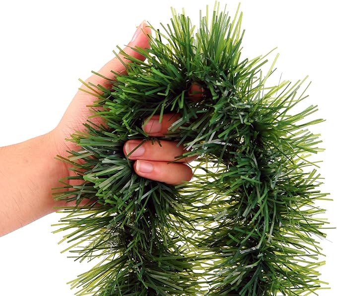 Green Garland Christmas Decorations,50Ft Xams Greenery Tinsel Stems Non-Lit Soft Twist Garland Decor for Tree Stairs Railing Front Door Mantle Fireplace Indoor Outdoor Holiday Home