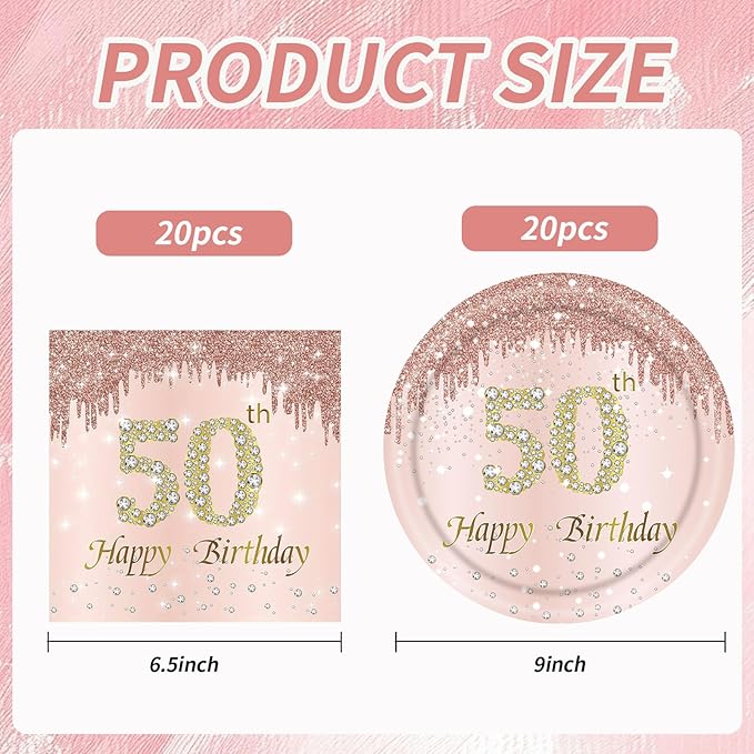 50th Rose Gold Birthday Plates and Napkins, 9 Inch Pink Rose Gold Disposable Dinner Dessert Plates Happy 50th Birthday Party Supplies Decorations for Girls Women