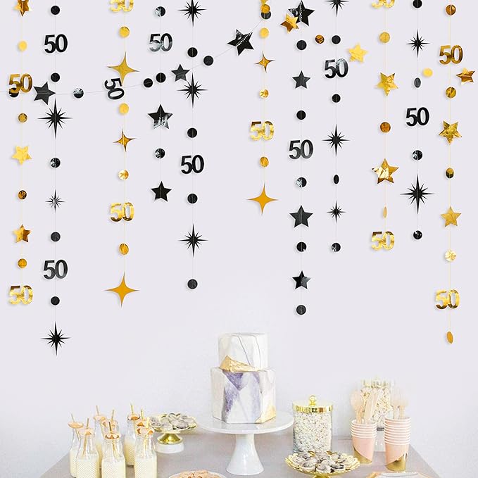 Black Gold 50th Birthday Decorations Number 50 Circle Dot Twinkle Star Garland Metallic Hanging Streamer Banner Backdrop for Women Mens 50 Years Old Birthday Happy 50th Anniversary Party Supplies