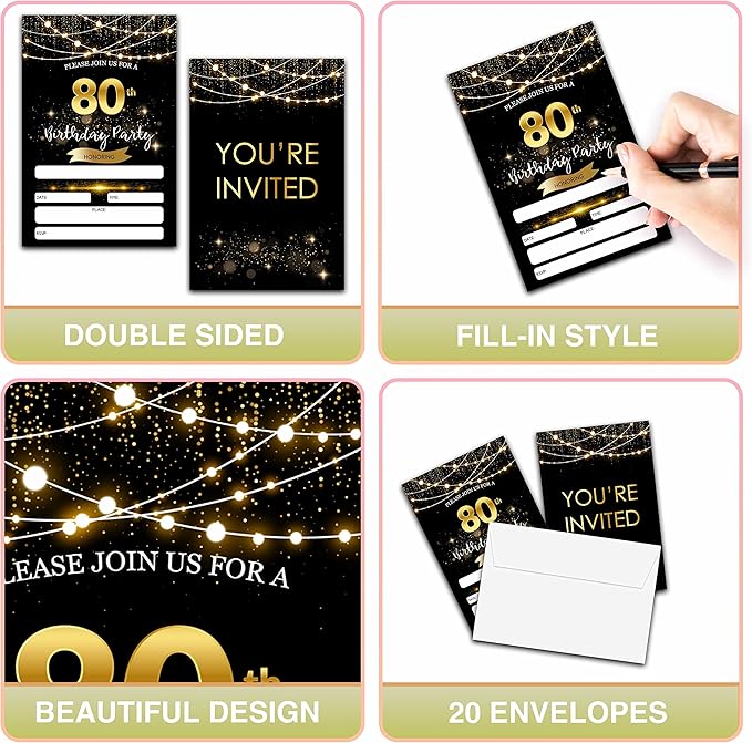 80th Birthday Invitations with Envelopes - Black Gold Glitter Fill-in Invites Cards - Surprise Birthday Party Invitation Card for Him/Her - Adults Birthday Party Favors Supplies Decorations (20 Pack)