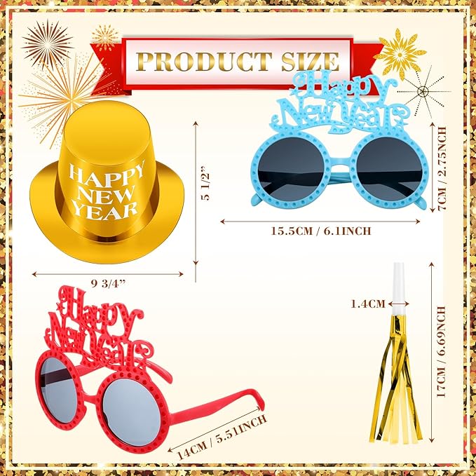 Shappy 36 Pieces New Year Eve Party Supplies 2026 Includes 12 Paper New Year Party Hats, 12 Colorful Glasses, 12 Colorful Blowers Noisemakers for 2026 Decorations Supplies