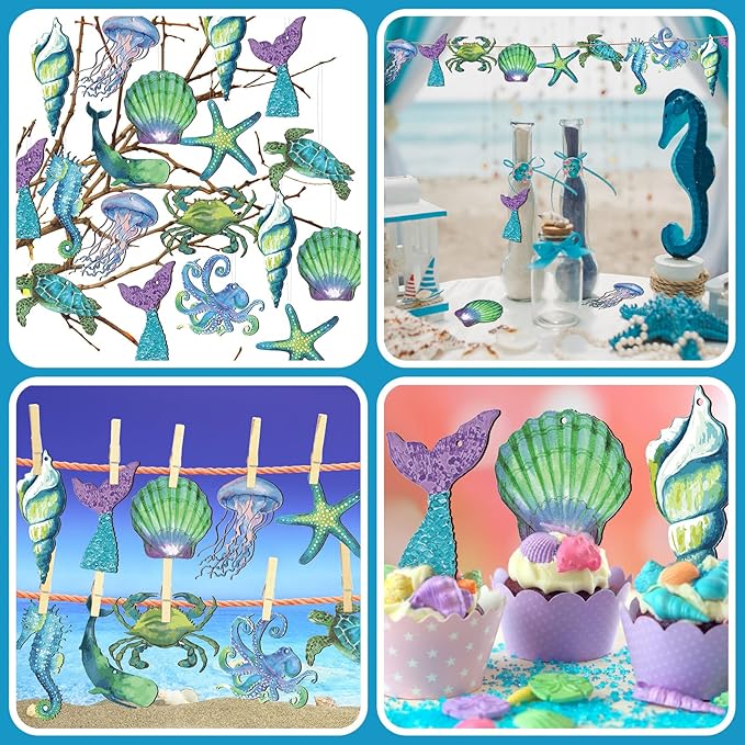 Chunful 30 Pieces Summer Tree Ornaments Christmas in July Wood Hanging Decoration Beach Wooden Slices Winter Tree Ornaments with String for Luau Hawaiian Party Supplies (Sea Style)