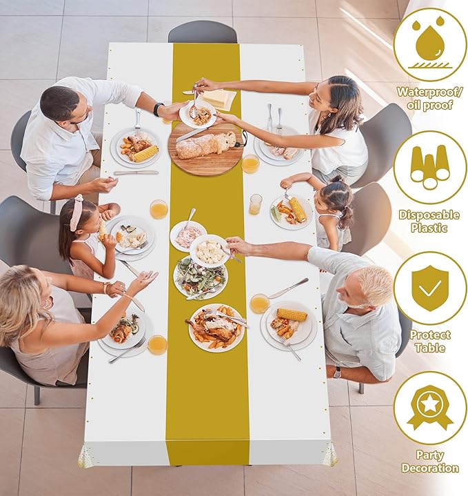 OHOME 4 Pack Disposable Plastic Table Cloths for Parties,White and Gold Rectangle Table Covers for Fall Decor Wedding Bridal Shower Birthday | Baptism First Communion Decorations 54" x 108"