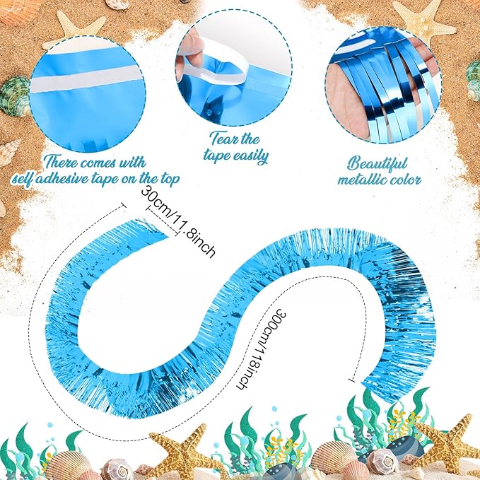 WILLBOND 4 Packs 40 Feet Fringe Garland Foil Fringe Garland Metallic Tinsel Foil St. Patrick's Day Hanging Banner for Wedding Birthday Parties Holiday Decorations Graduation(Light Blue, Lake Blue)