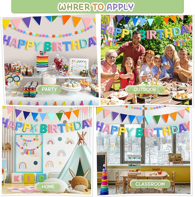 4PCS Pre-Strung Happy Birthday Banner - Felt Happy Birthday Garland, Ball Garland, Felt Pennant Flag, Pastel Thread Tassel Reuasble Party Decorations for Girls Women Kids