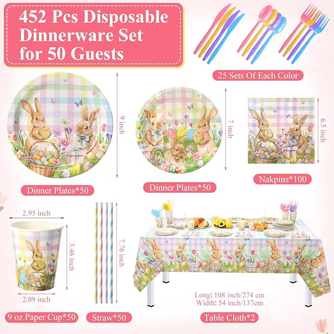 Ceenna 452 Pcs Easter Party Supplies for 50 Guest, Pastel Easter Bunny Paper Plates Napkins Cups Tablecloth Cutlery Straw Disposable Tableware for Rabbit Baby Shower Wedding Birthday Party Decoration