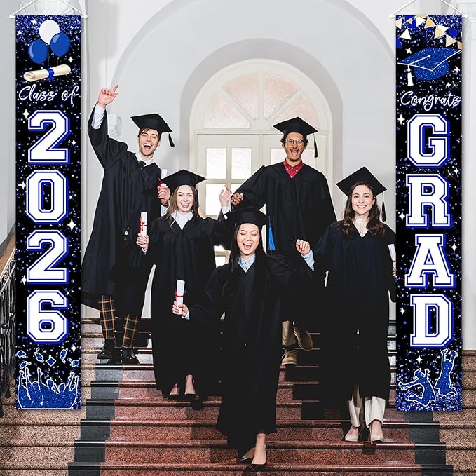 Graduation Decorations 2026 GRAD Banner Blue Door Porch Signs Welcome Banner for Outdoor Indoor Wall Graduation Decorations Class of 2026
