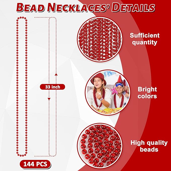 120PCS Bead Necklace, Red Christmas Bead Stuff Party Favors, 33" Red Necklaces Festival Parade Throw Accessories for Wedding Birthday Valentines Mardi Gras Christmas Celebrations Decorations