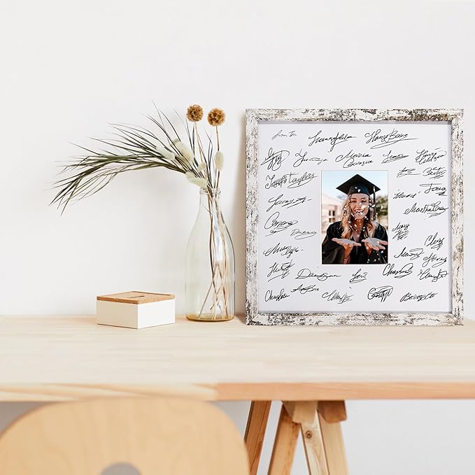 GraduatePro 14x14 Signature Picture Frame Board for 5x7 Photo with Signable Mat for Birthday Baptism Party Graduation Wedding Guest Book Rustic White