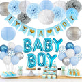 Ouddy Party Blue Baby Shower Decorations with Its a Boy Banner, Baby Boy Letter Metallic Blue Gray Silver Balloon Paper Pom Poms Honeycomb Ball for Baby Shower Gender Reveal Party Supplies