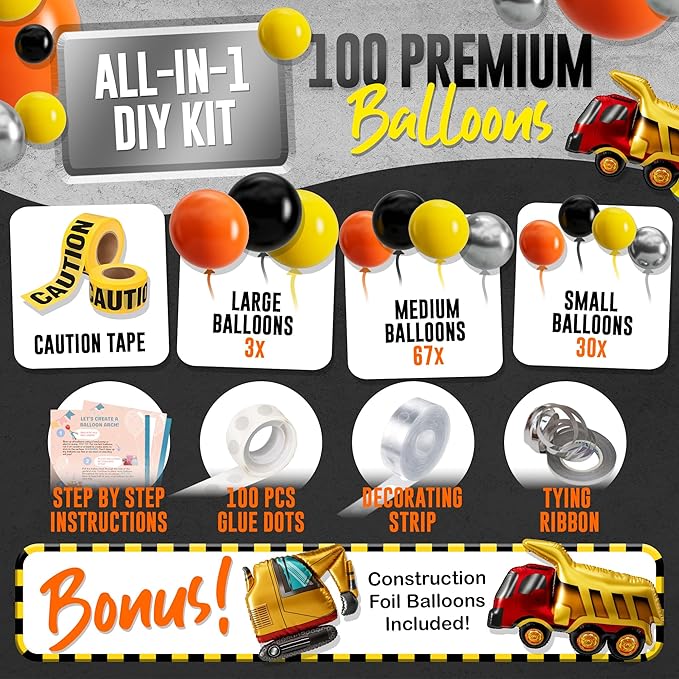 ALL-IN-1 Construction Balloon Arch Kit with BONUS Caution Tape & Truck Balloons - Construction Balloons for Excavator Birthday Decorations - Construction Birthday Party Supplies & Decorations