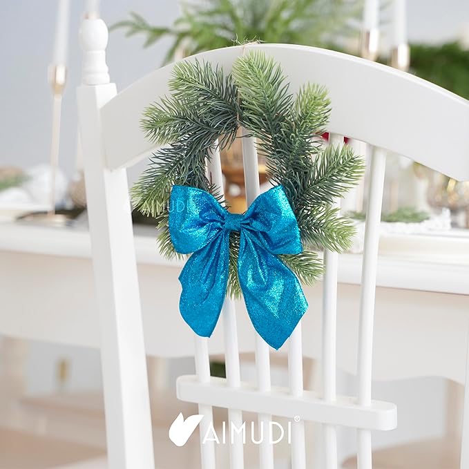AIMUDI Blue Glitter Wired Ribbon Bows with Twist Tie 5.5" Premade Metallic Christmas Bows for Gift Wrapping, Wreath, Garland, Holiday Crafts Party Home Outdoor Christmas Tree Decorations, 12 PCs