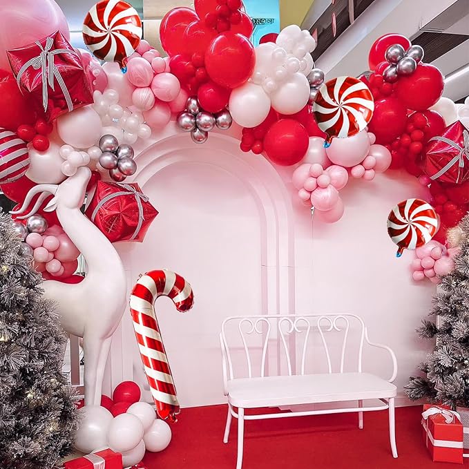 Christmas Balloon Arch 147 Pcs Red Pink White Silver Latex Balloons Garland Kit Pink Red Xmas Candy Cane Foil Balloon for Merry Christmas Birthday Baby Shower Holiday New Year Party Decoration