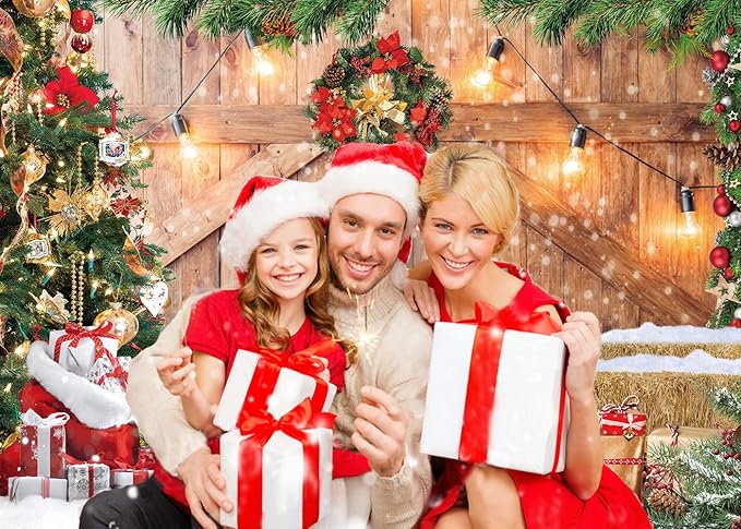 CYLYH 12x10FT Christmas Barn Wood Door Photography Backdrop Xmas Tree Snow Gift Wall Floor Party Photo Background for Holiday New Year Party Banner Family Holiday Party Supplies D554