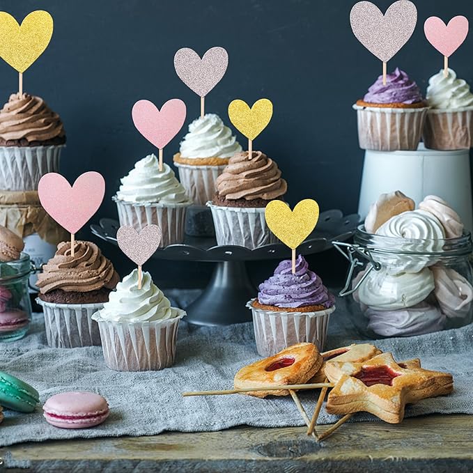30 PCS Love Heart Cupcake Toppers Glitter Sweet Love Cupcake Picks Bridal Shower Cake Decorations for Wedding Engagement Valentine's Day Baby Shower Birthday Party Supplies Gold Silver Pink