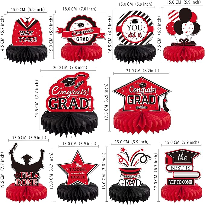 10PCS Graduation Decorations Class of 2025 Centerpieces, Congrats Grad Honeycomb Table Toppers for Graduation Party Favors, 2026 Graduation Party Decorations (10PCS, Red & Black)