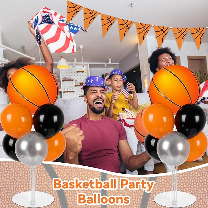 Basketball Party Balloons Stand Kit - 2 Sets With 2 Basketball Ball Foil Balloons - Basketball Themed Party Balloon Centerpiece for Tables - Game Sports Birthday Party Decorations