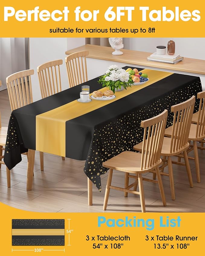 Graduation Decorations Table Cloth for Rectangle Table and Table Runner Set - 3+3 Pack, Black and Gold Plastic Tablecloth Disposable for Birthday, Wedding, Baby Shower, New Year