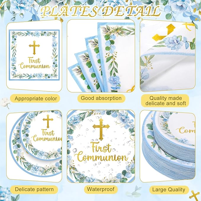 Ceenna 452 Pcs First Communion Party Decoration Boy for 50, Blue Baptism Paper Plate Napkin Cup Tablecloth Cutlery Straw God Bless Disposable Tableware for Christening Religious Baby Shower Supplies