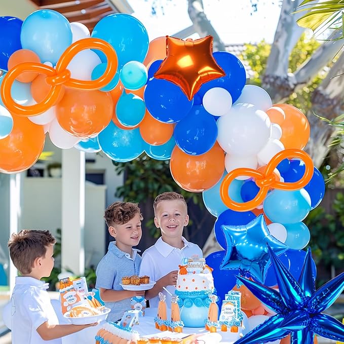 Blue and Orange Balloon Garland Arch Kit 110PCS with long balloon Mylar Foil Star Shape Balloons for kids 3th 6th TV Cartoon dog baby Theme Birthday baby shower Party Decorations