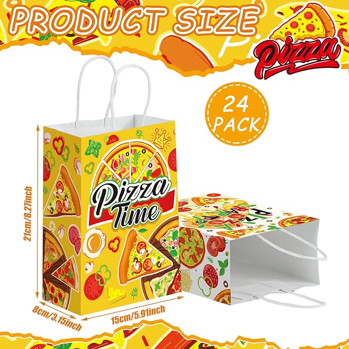 24 Pcs Pizza Party Favors Paper Gift Bags with Handle Decorations Pizza Candy Goodie Treat Bags Large Birthday Party Supplies for Baby Shower, 6 Styles