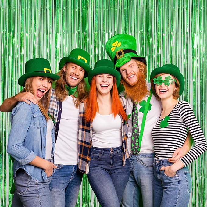 Green Tinsel Curtain Backdrop for St Patricks Day Decorations – Melsan 2 Pack 3.2 ft x 8 ft Metallic Foil Fringe Curtains for Irish Party, Jungle Birthday, Photo Booth Backdrop