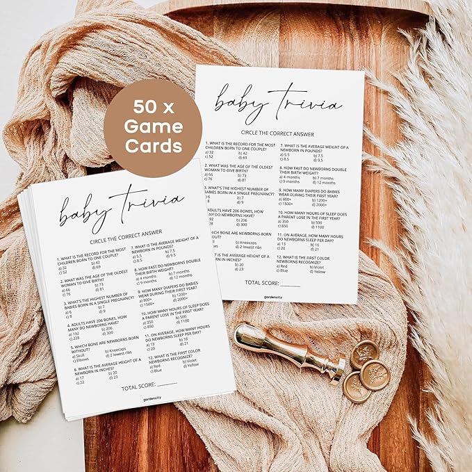 GardenCity Baby Trivia Baby Shower Game (50 Cards), Trivia Game Activity for Boy or Girl (Minimalist)