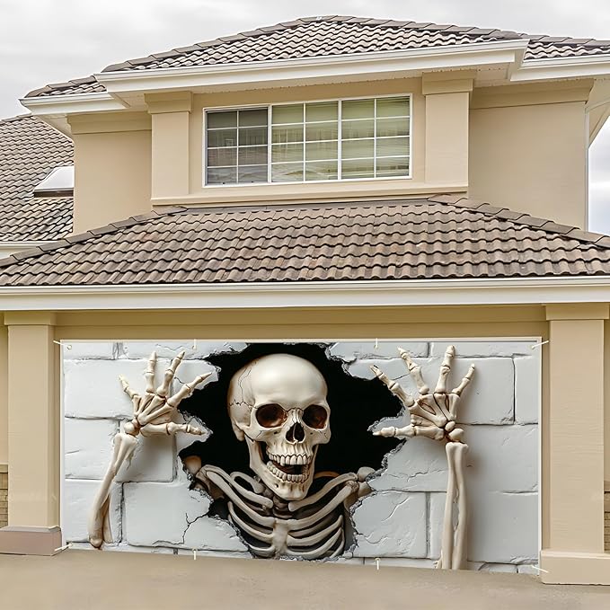6 x 13 ft Halloween Garage Door Decorations Halloween decorations Witch Door Cover, Hanging Banner, Cauldron Backdrop Mural for Home, Outdoor, Indoor, Spooky Party, Wall, Window (Skull-2, 6 x 13 ft)