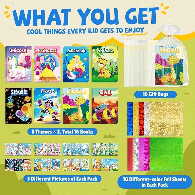 PARTYWIND Party Favors for Kids, 16 Pack Foil Art & Craft Books Bulk for Kids 4-8, Easter Basket Goodie Bag Stuffer & DIY Creative Activity Toys for Kids Birthday Party Favors, Classroom Prizes