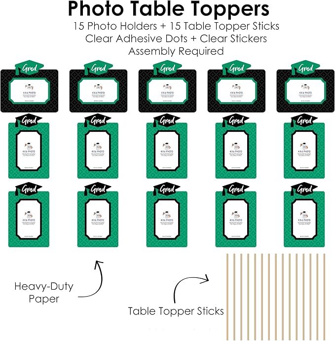 Green Grad Graduation Decoration, Photo Display Centerpiece Kit - 15 Double-Sided Photo Table Topper Sticks, Vertical and Horizontal 4x6 Picture Holders, DIY Party Supply Set