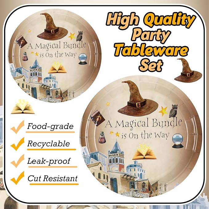 350 Pcs Magical Wizard Party Decorations Supplies A Magical Bundle Is On The Way Tableware Set Disposable Plates Cups Napkins Cutlery for Birthday Shower Wizard Party, Serve 50