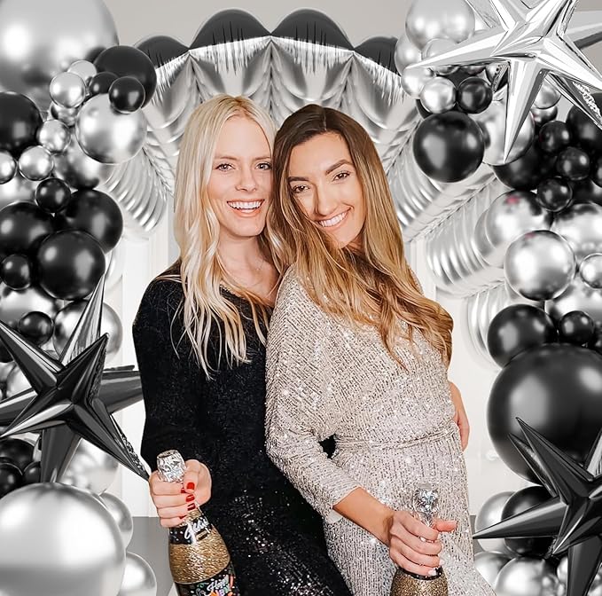 152Pcs Black and Silver Foil Square Balloon Wall Backdrop with Silver and Black Latex Balloons Arch Garland Kit, Double Sided Balloon Tunnel for Birthday Anniversary New Year Party Decorations
