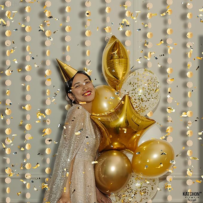 KatchOn, Glitter Champagne Circle Garland Banner - Large, 13 Feet, Pack of 4 | Dot Hanging Streamer, Gold Party Decorations, Champagne Party Decoration | Circle Garland for New Years Decorations 2026