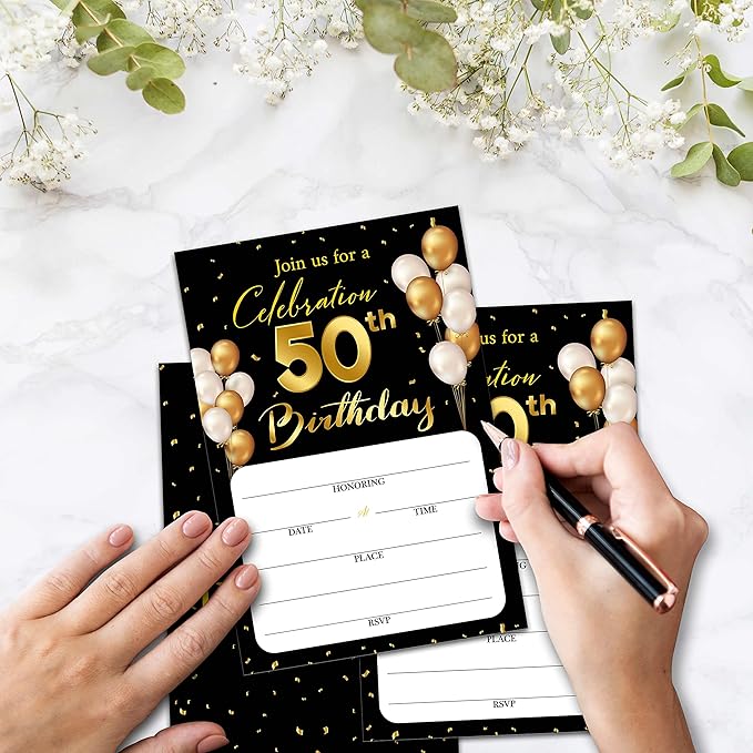 50th Birthday Invitation Cards with Envelopes - Classic Gold Theme Fill in The Blank Birthday Party Invite Cards, for Man, Woman Entertain Banquet Party Supplies, 20 Invites With Envelopes - B14