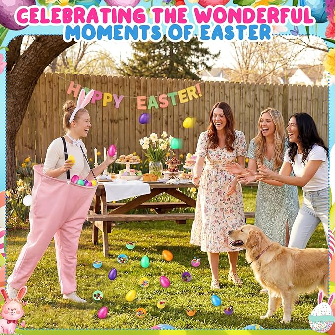 Vinsot 16 Pcs Easter Granny Pants Yard Game Set Oversized Granny Pants with Colorful Easter Eggs, Bowtie, Bunny Ears and Tail, Outdoor Tossing Game Bunny Suit for Spring