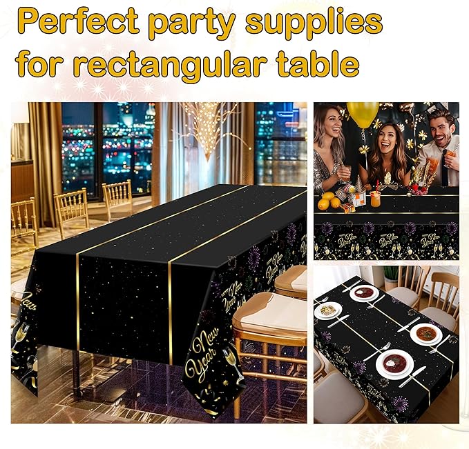 Childom 2 Pack Happy New Year Tablecloths,Happy New Years Decorations 2026,Disposable Rectangular Tablecloths Plastic 54"x108",Black and Gold Table Cloth for Home Dining Outdoor Holiday Party Supplies
