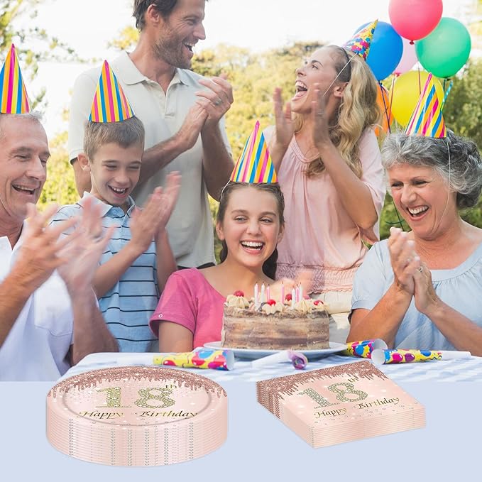 18th Rose Gold Birthday Plates and Napkins, 9 Inch Pink Rose Gold Disposable Dinner Dessert Plates Happy 18th Birthday Party Supplies Decorations for Girls Women