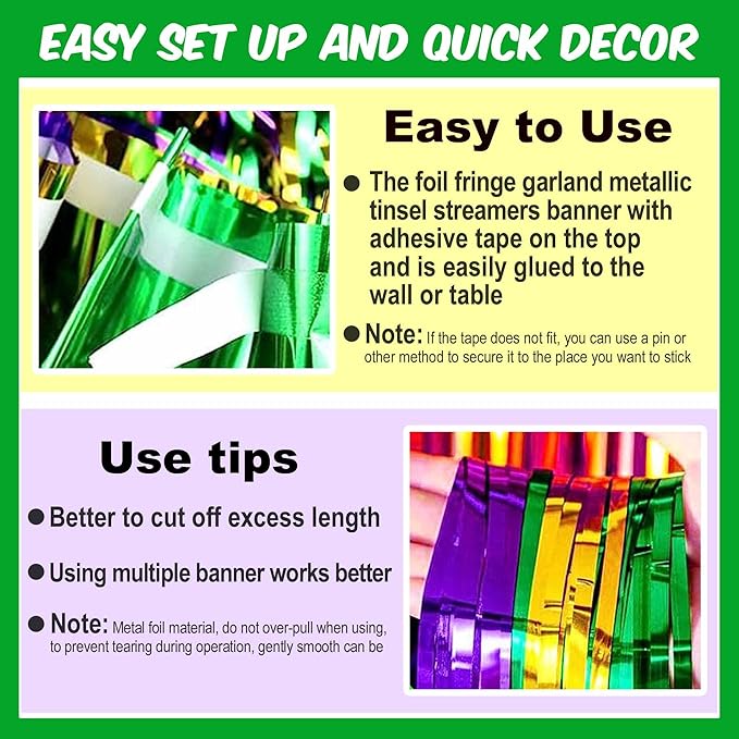 3 Pack 10 Ft Gold Green Purple Foil Fringe Garland Metallic Streamers Tinsel Banner Wall Hanging Garland Backdrop for Parade Floats, Halloween, Christmas, Thanksgiving, New Year Party Decorations