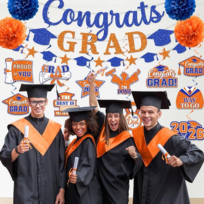 Orange and Blue Graduation Decorations, Glitter Congrats Grad Banner Hanging Swirls and Tissue Pom Poms, Blue and Orange Graduation Decorations for College Graduations Party Decorations Class of 2026