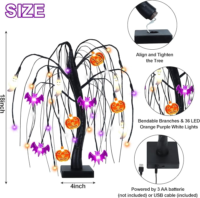 Halloween Table Decorations 18 Inch 36 LED Halloween Willow Tree with Pumpkin Bat Ghost Lights, Timer/USB/Battery Operated Black Halloween Tree Spooky Halloween Decorations Indoor Home Party Room Gift