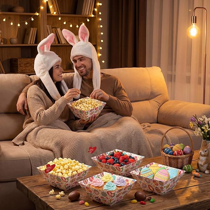 Marspark 12 Pcs Easter Popcorn Boxes Easter Paper Food Trays Watercolor Bunny Egg Flower Platter Spring Rabbit Dishes for Food Snacks Cookies Dessert Party Supplies Birthday Baby Shower Wedding